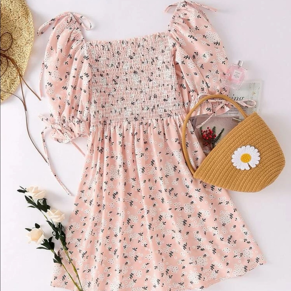 Puff Sleeve Pink Floral Smocked Square Neck Dress